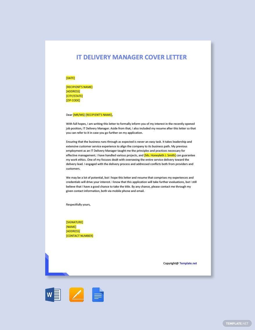 Free IT Delivery Manager Cover Letter Template