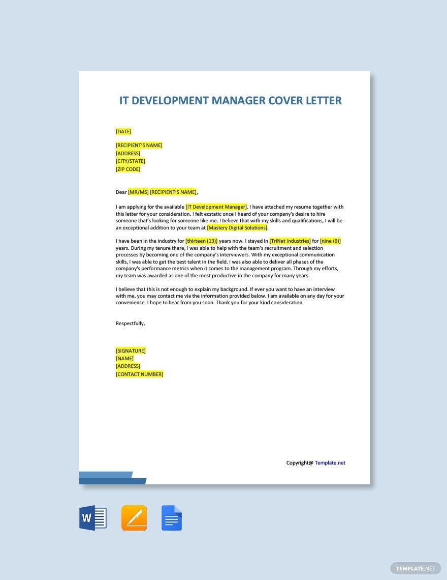 IT Development Manager Cover Letter in Word, Google Docs, PDF, Apple Pages