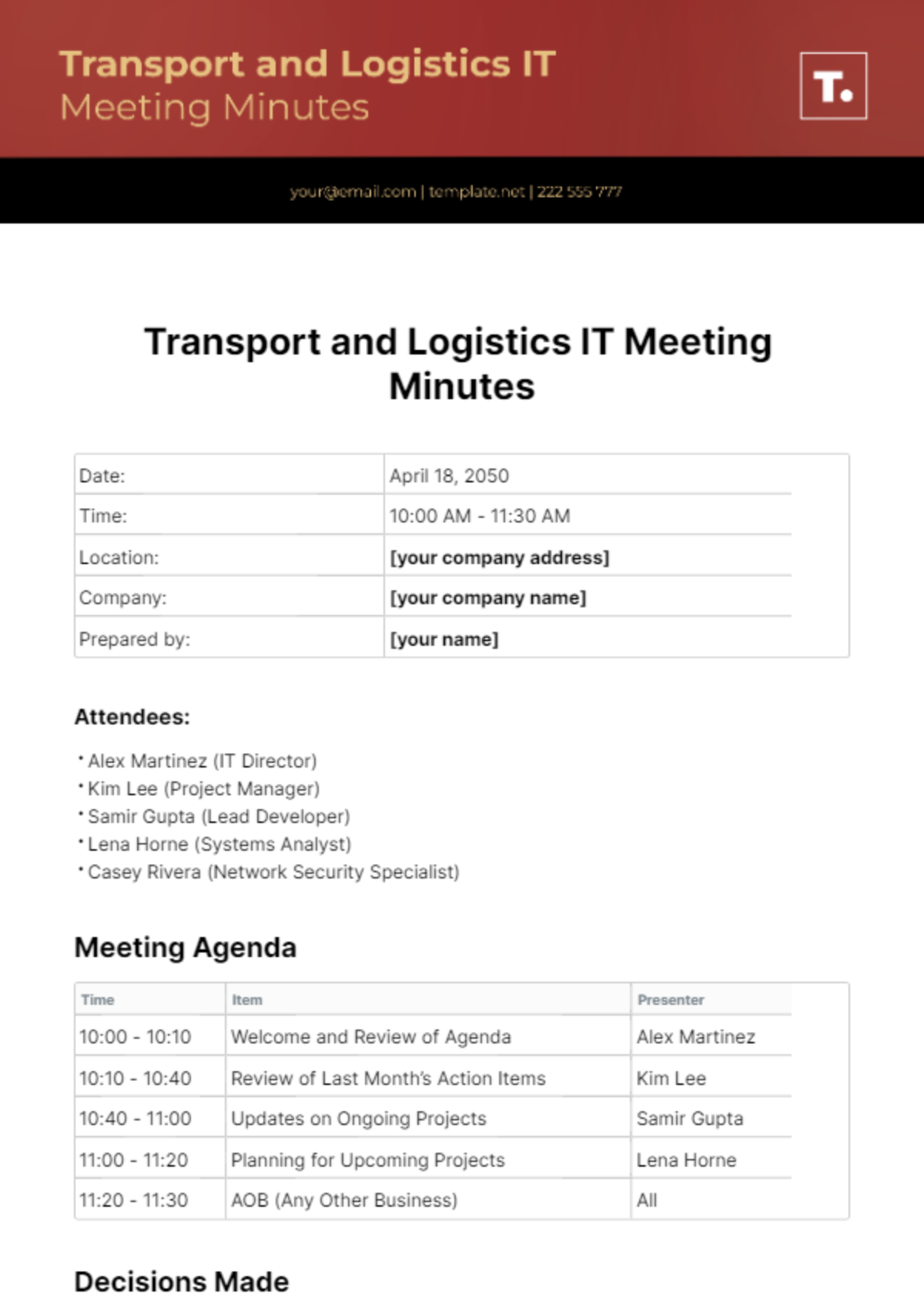 Transport And Logistics IT Team Meeting Minutes Template