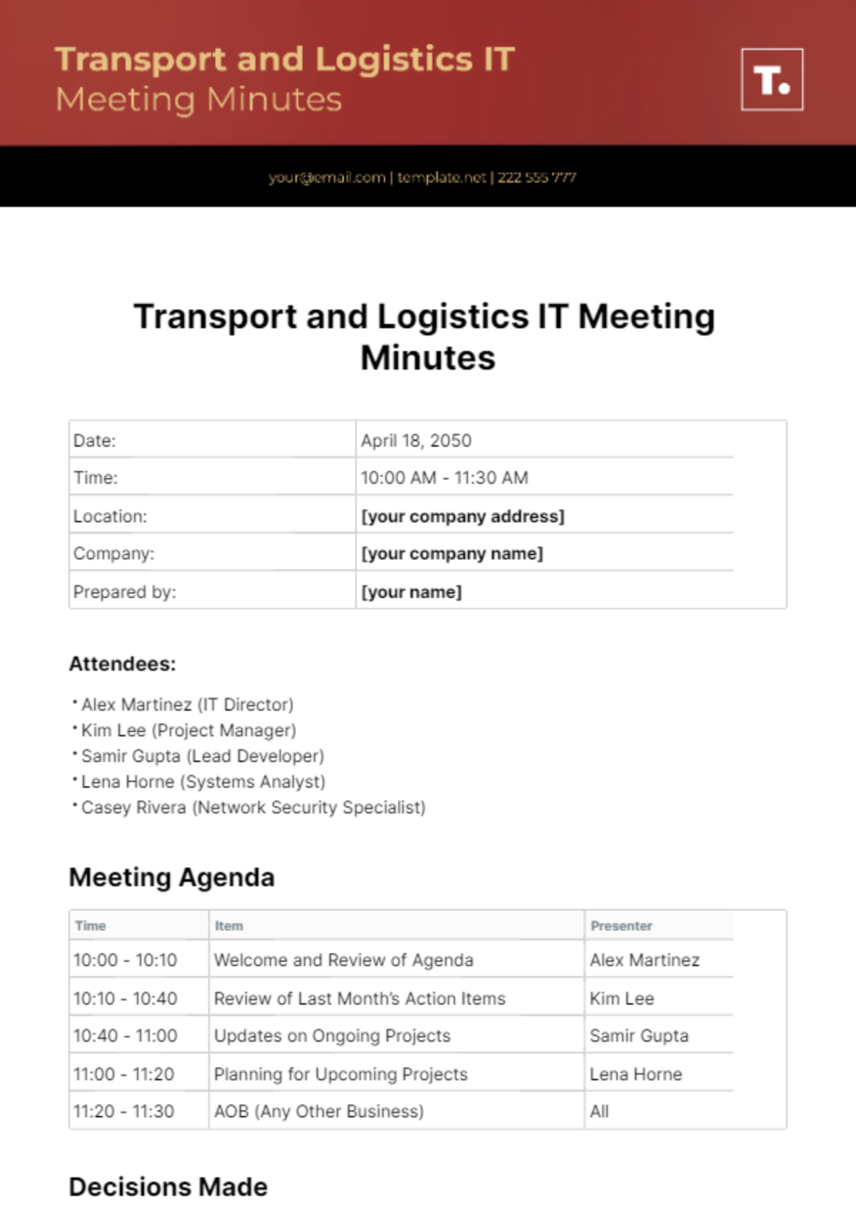 Transport And Logistics IT Team Meeting Minutes Template - Edit Online & Download