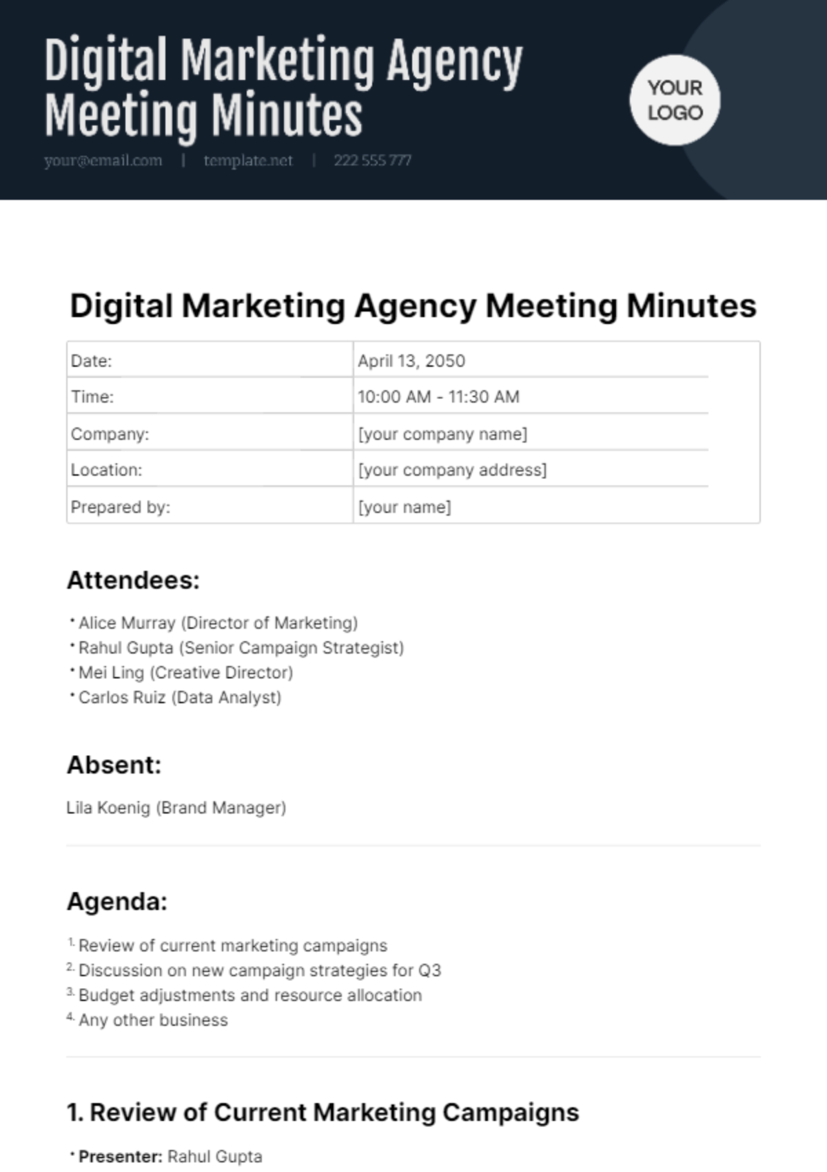 Digital Marketing Agency Meeting Minutes Template
