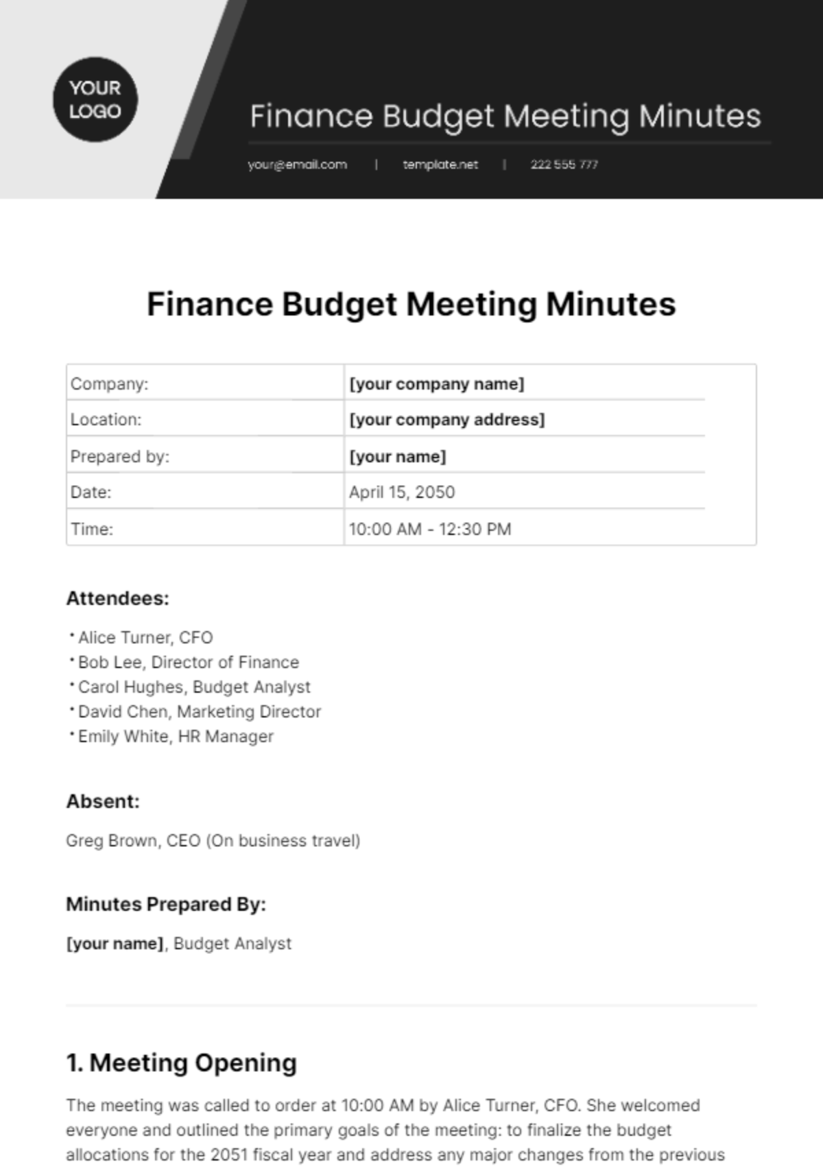 Finance Budget Meeting Minutes Template
