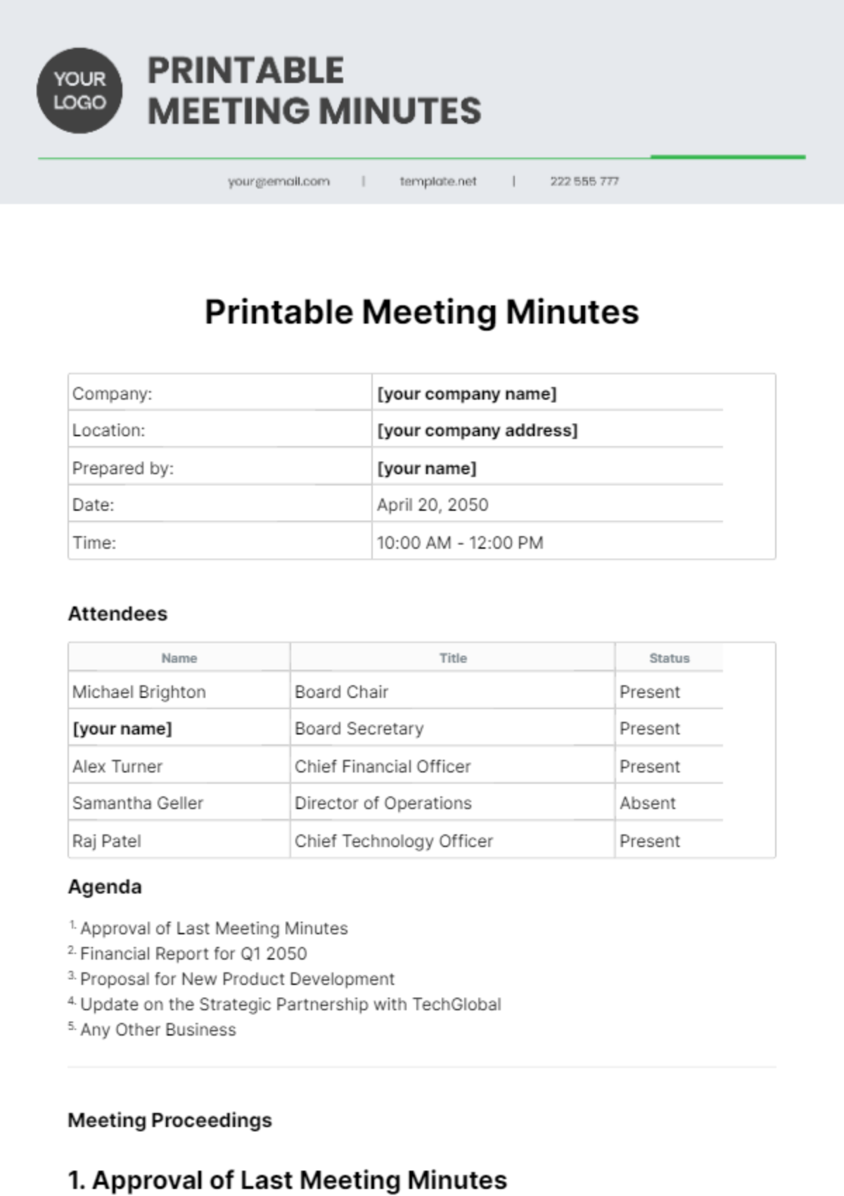Printable Meeting Minutes Template