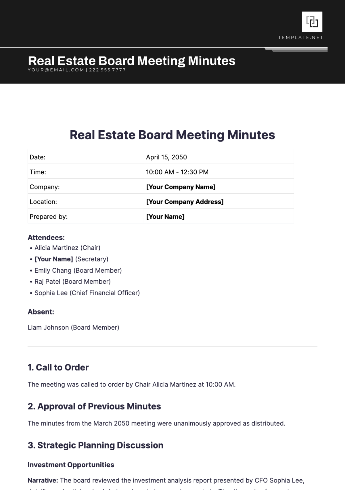 Real Estate Board Meeting Minutes Template - Edit Online & Download