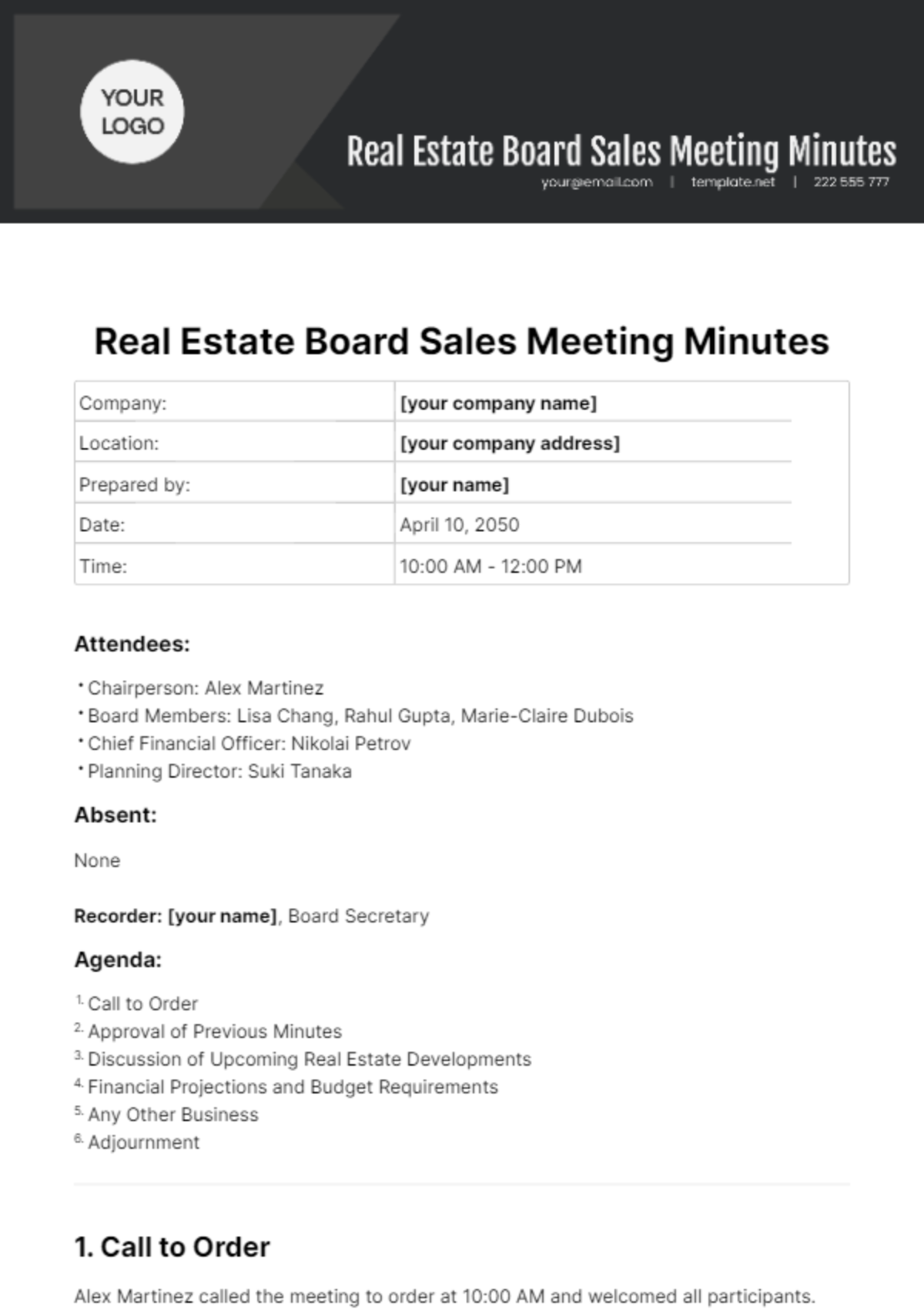 Real Estate Board Sales Meeting Minutes Template