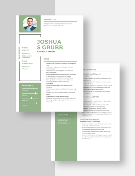 Free Fixed Assets Manager Resume Template - Word, Apple Pages