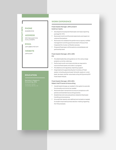 Free Fixed Assets Manager Resume Template - Word, Apple Pages
