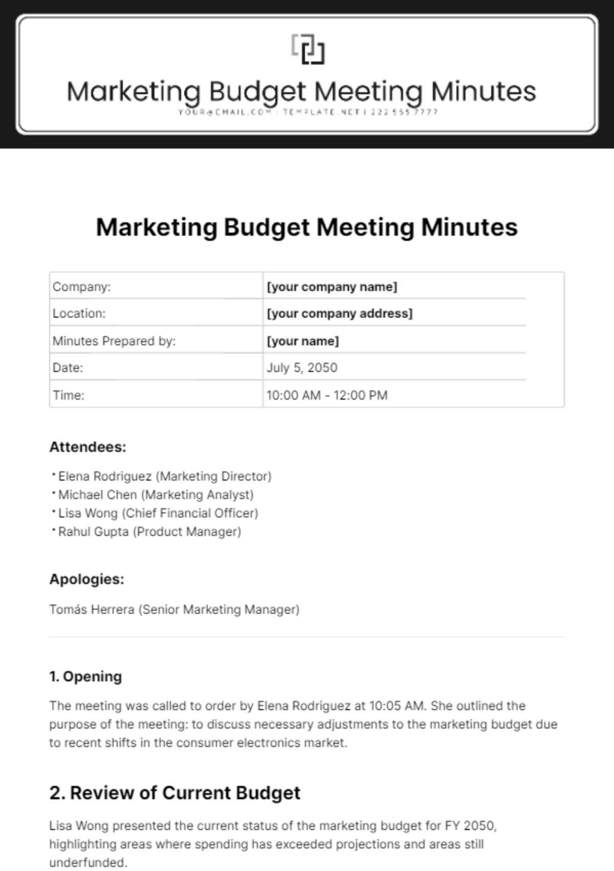 Marketing Budget Meeting Minutes Template