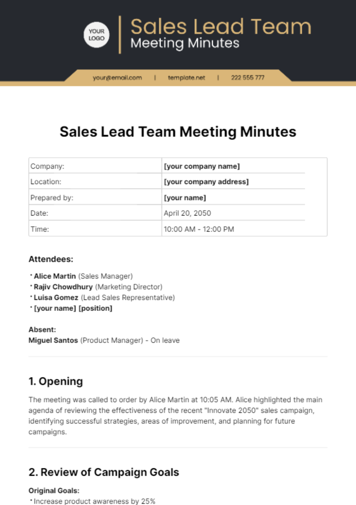Sales Lead Team Meeting Minutes Template
