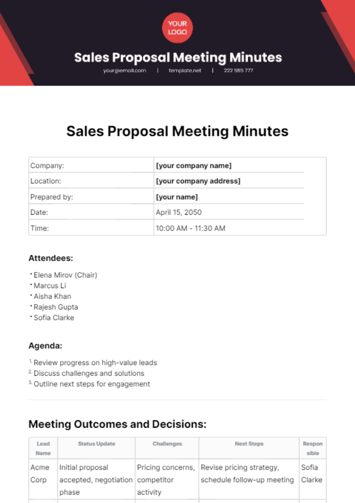Sales Proposal Meeting Minutes Template