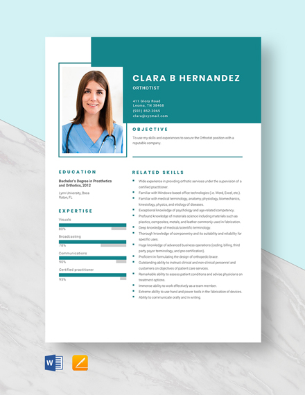Orthotist Resume Template - Word, Apple Pages