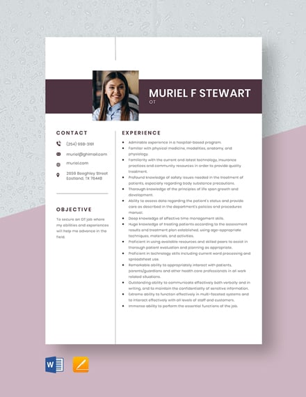 OT Resume Template - Word, Apple Pages