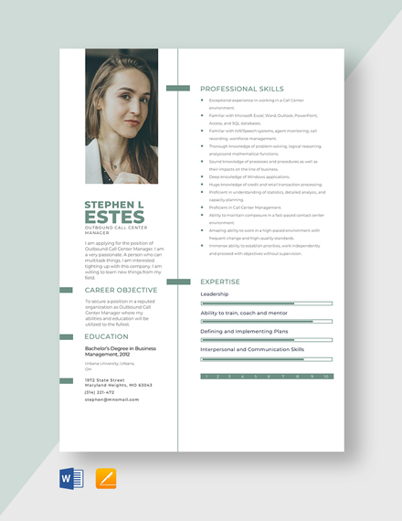 Outbound Call Center Manager Resume Template - Word, Apple Pages