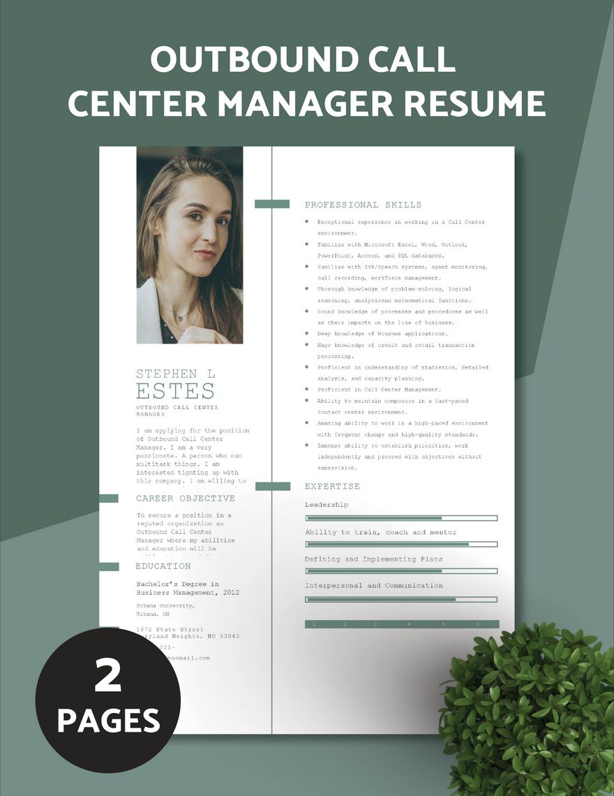 Outbound Call Center Manager Resume in Word, Apple Pages