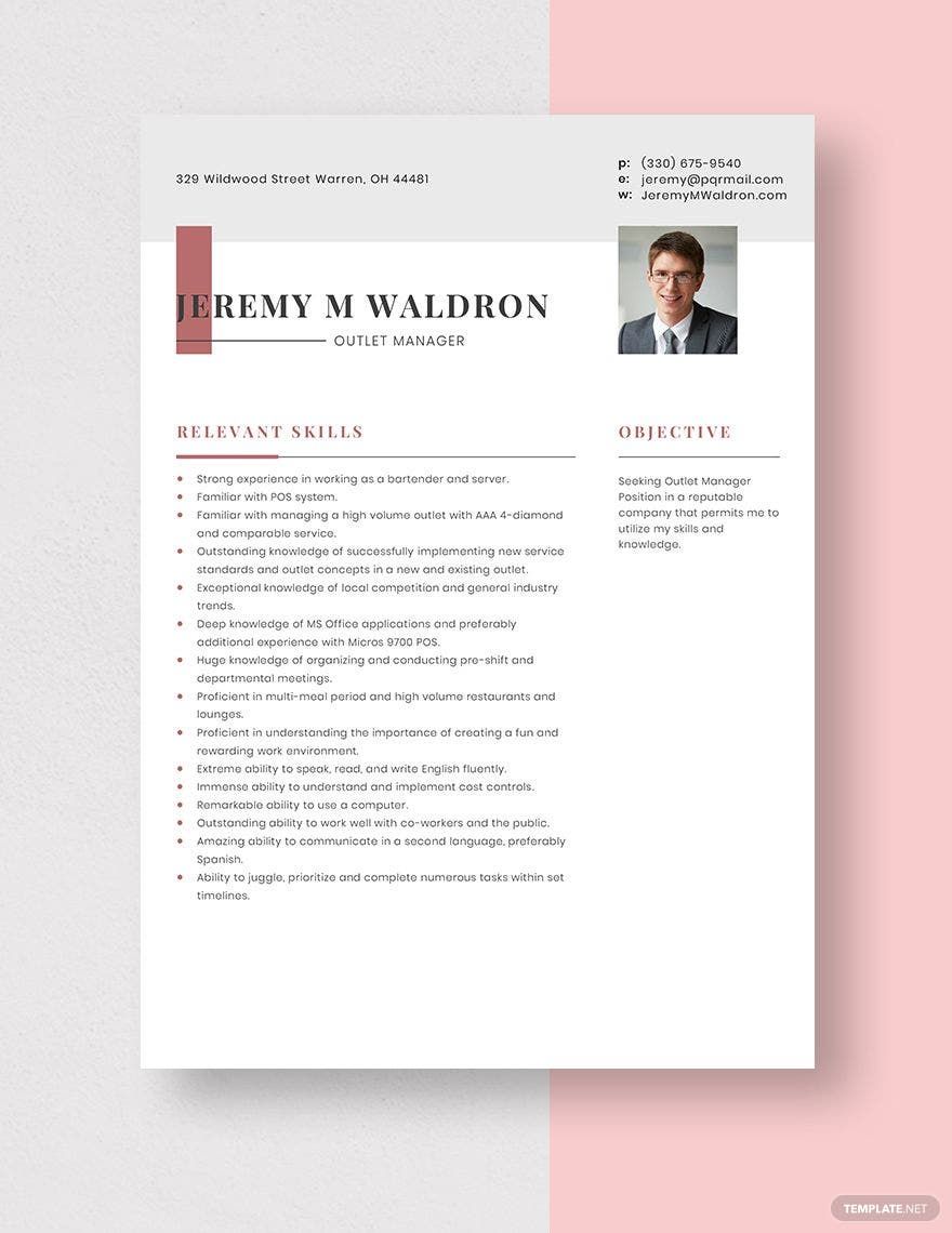 Outlet Manager Resume in Word, Apple Pages