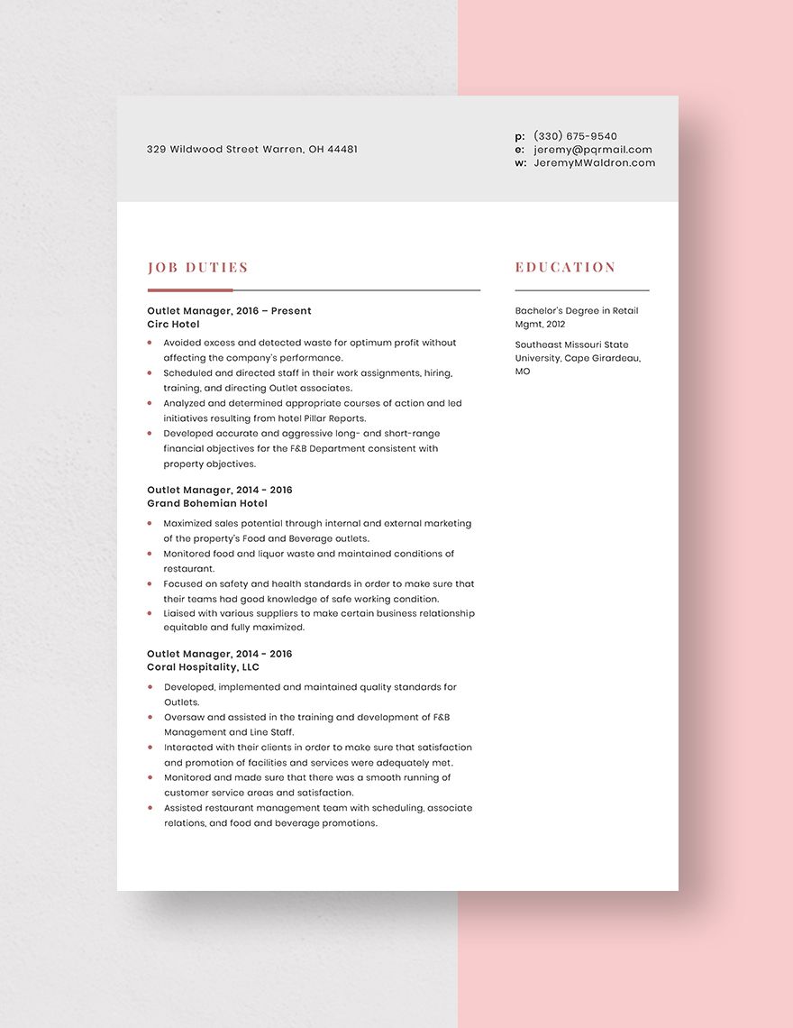 Outlet Manager Resume
