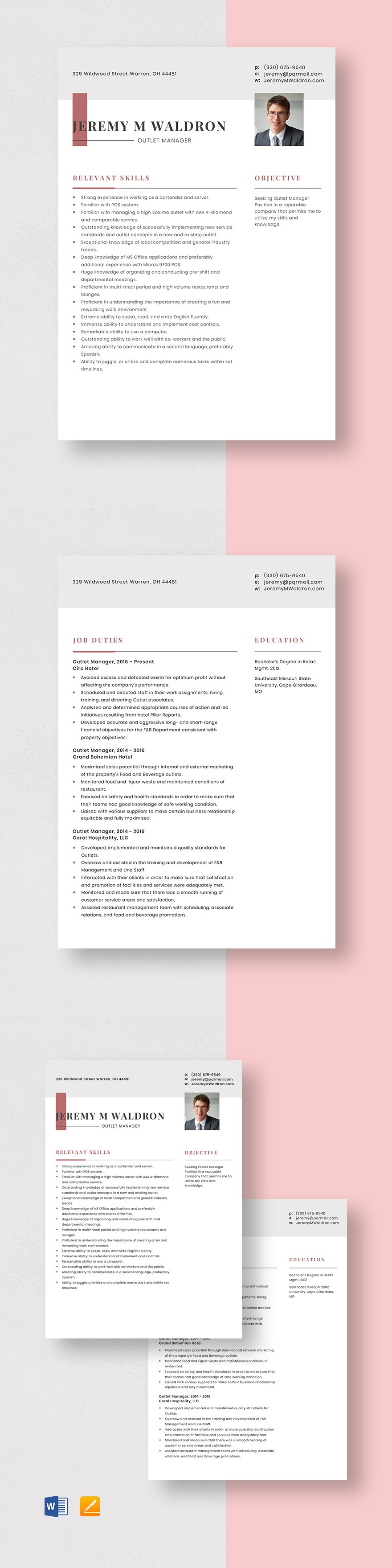 Free Outlet Manager Resume Template - Word, Apple Pages | Template.net