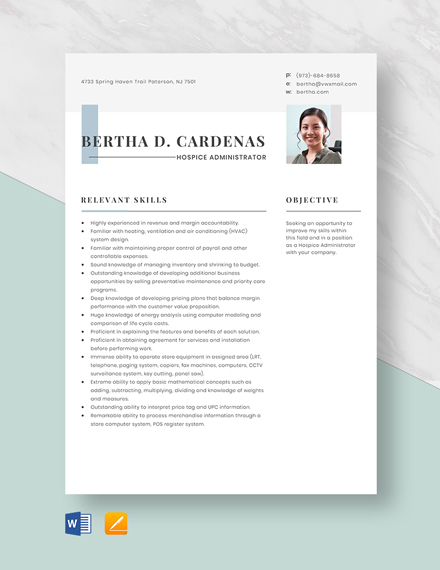 Free Hospice Administrator Resume Template - Word, Apple Pages