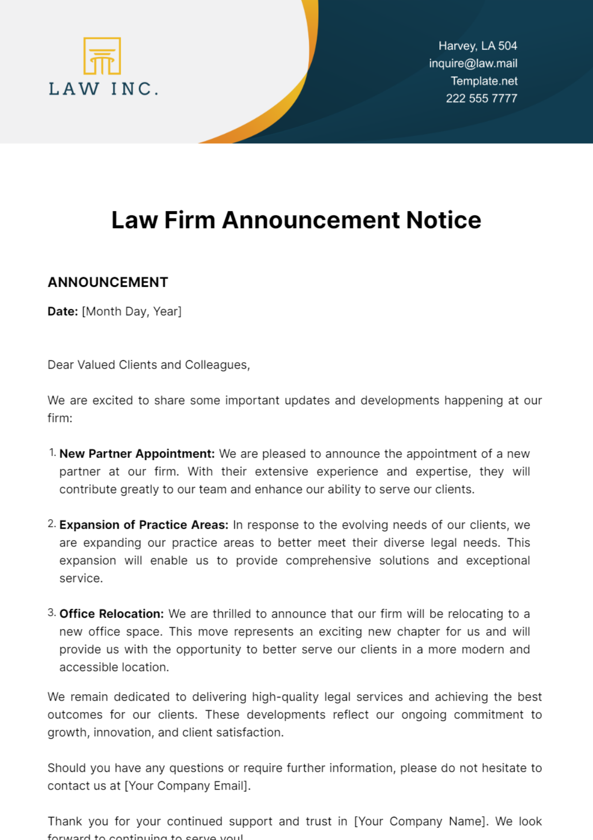 Law Firm Announcement Notice Template