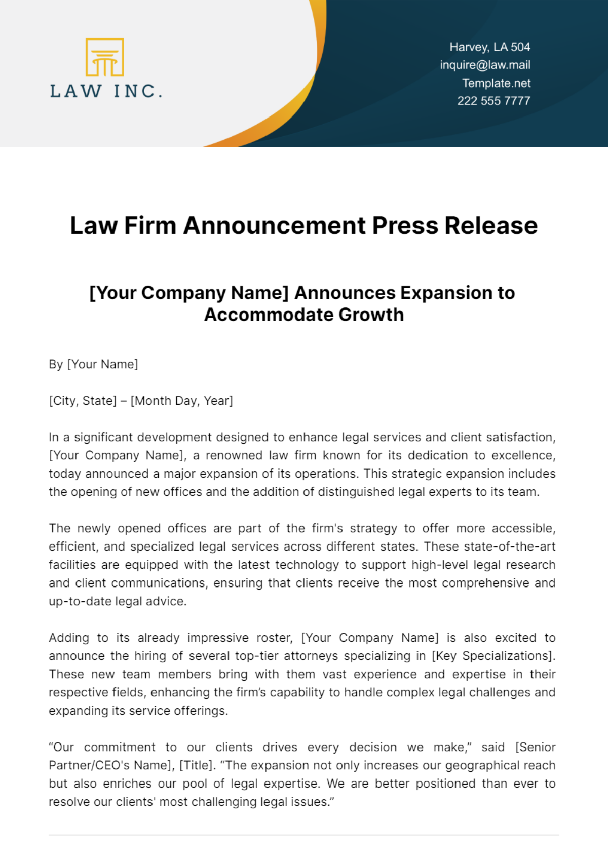 Law Firm Announcement Press Release Template
