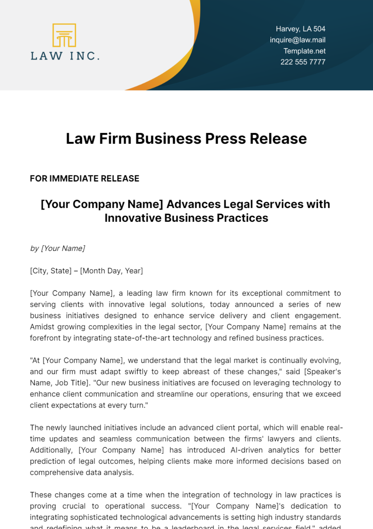 Law Firm Business Press Release Template