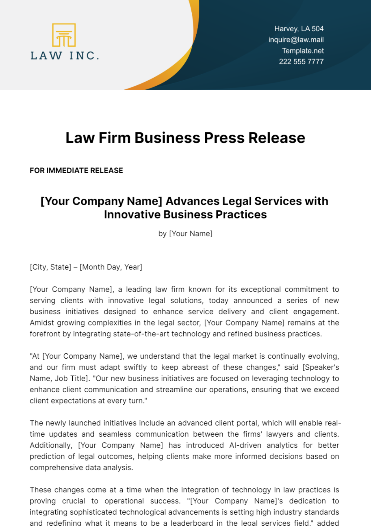 Law Firm Business Press Release Template - Edit Online & Download