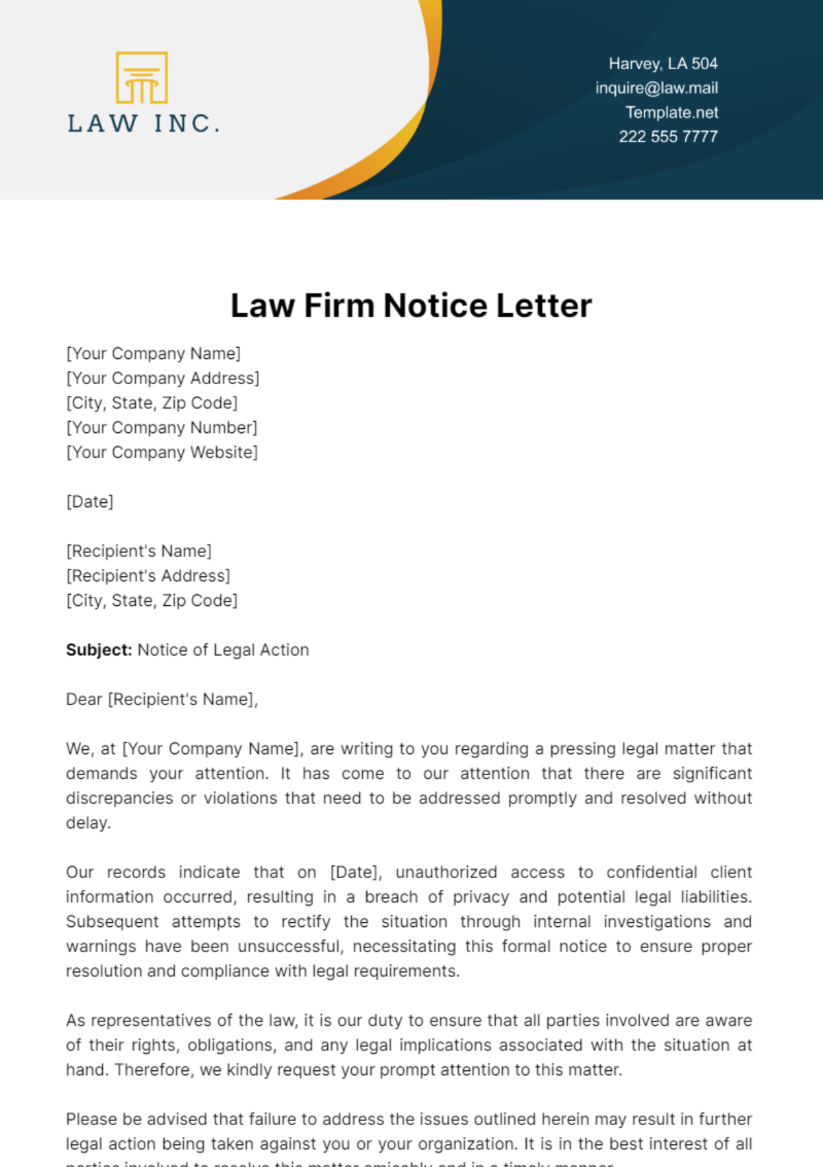 Law Firm Notice Letter Template