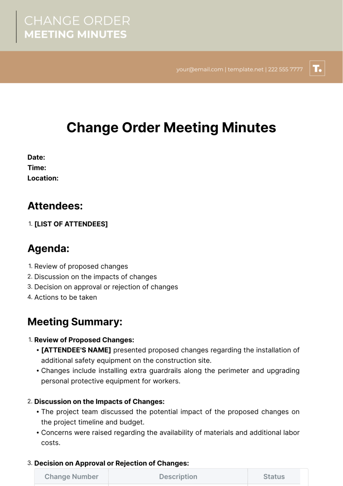 Change Order Meeting Minutes Template