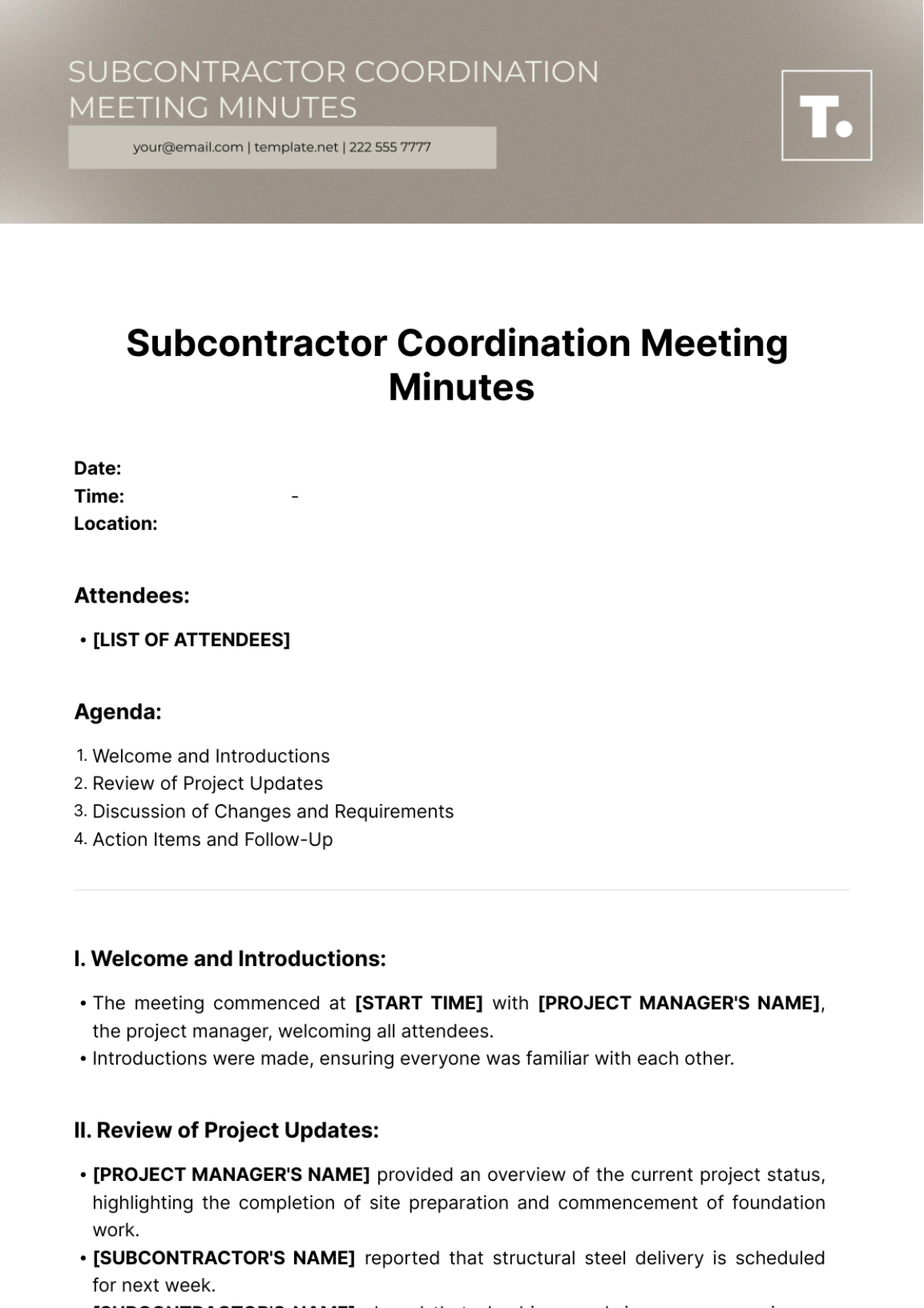 Subcontractor Coordination Meeting Minutes Template