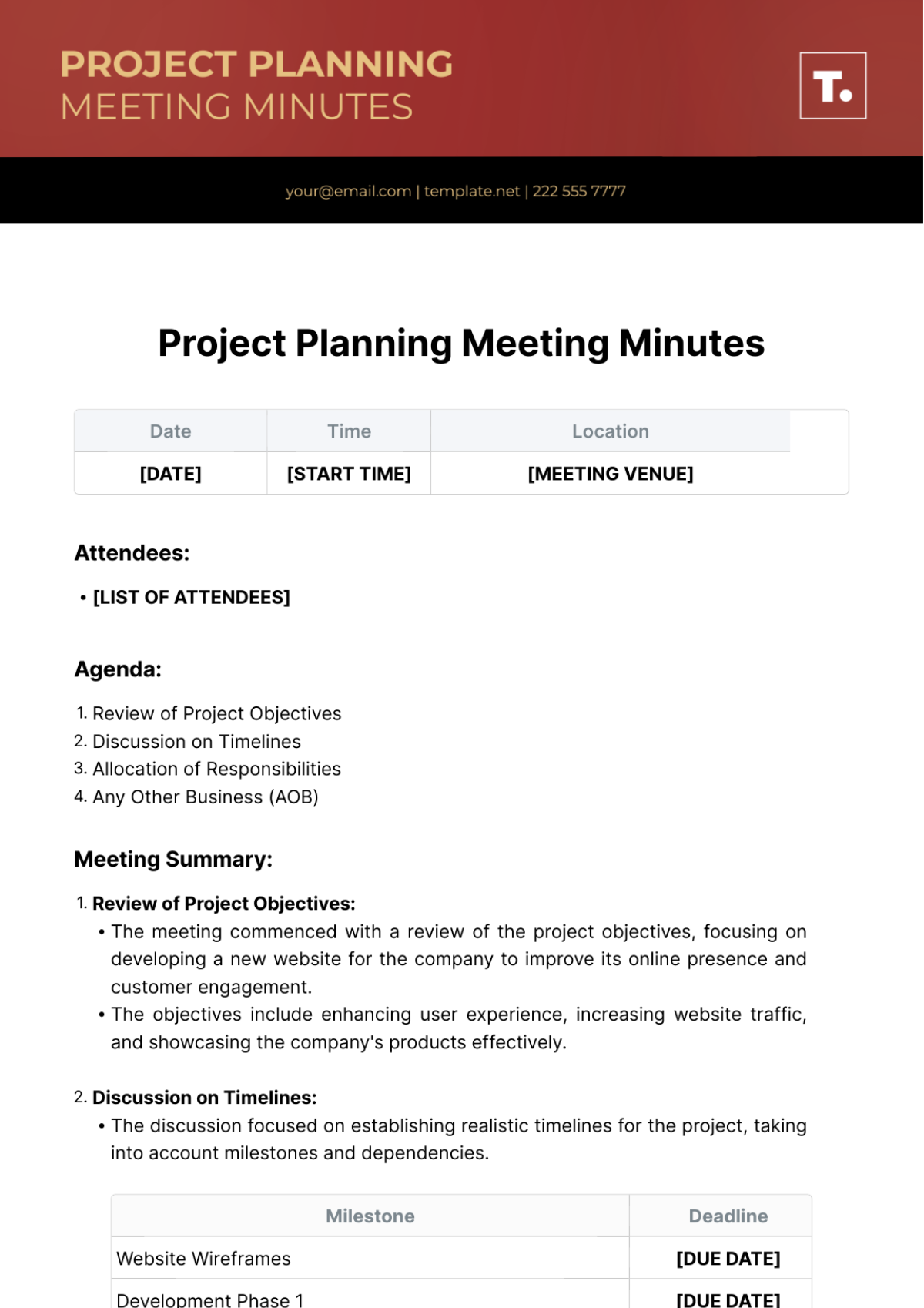 Project Planning Meeting Minutes Template