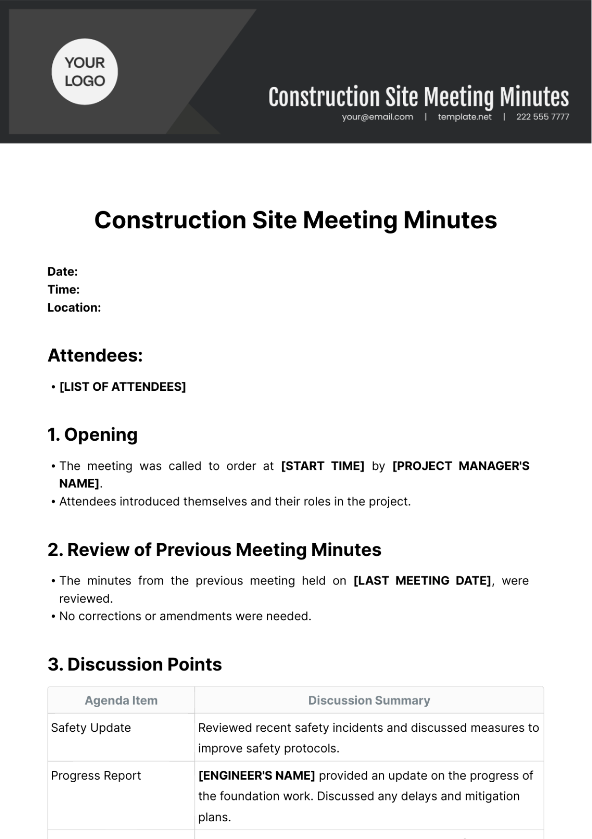 Construction Site Meeting Minutes Template
