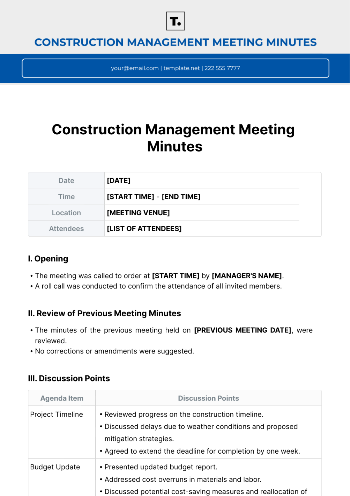 Construction Management Meeting Minutes Template