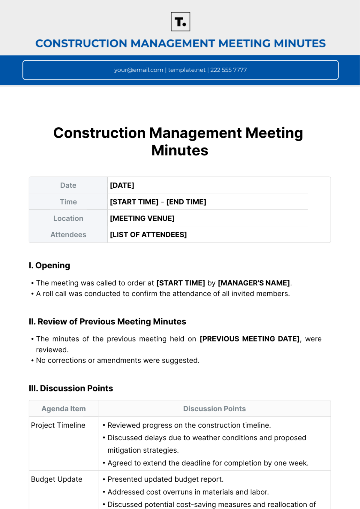 Free Construction Management Meeting Minutes Template To Edit Online