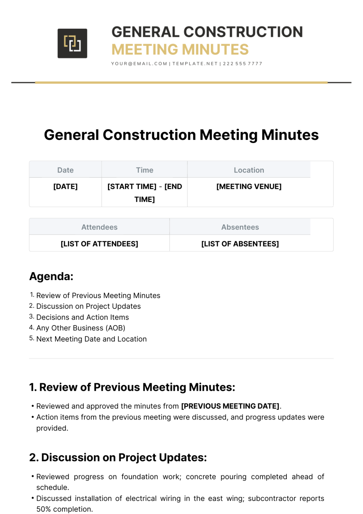 General Construction Meeting Minutes Template