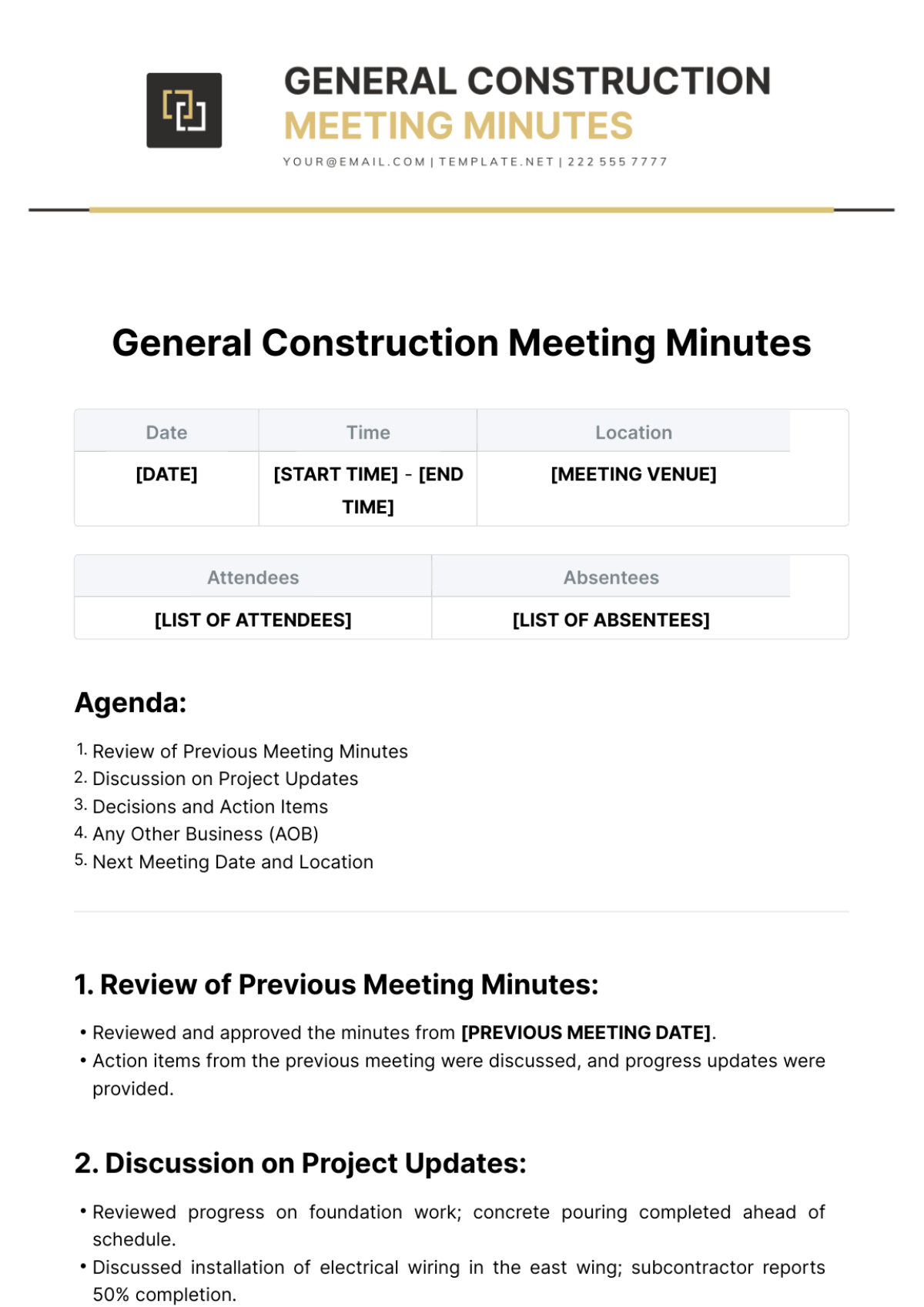 Free Construction Meeting Minute Templates Editable And Printable