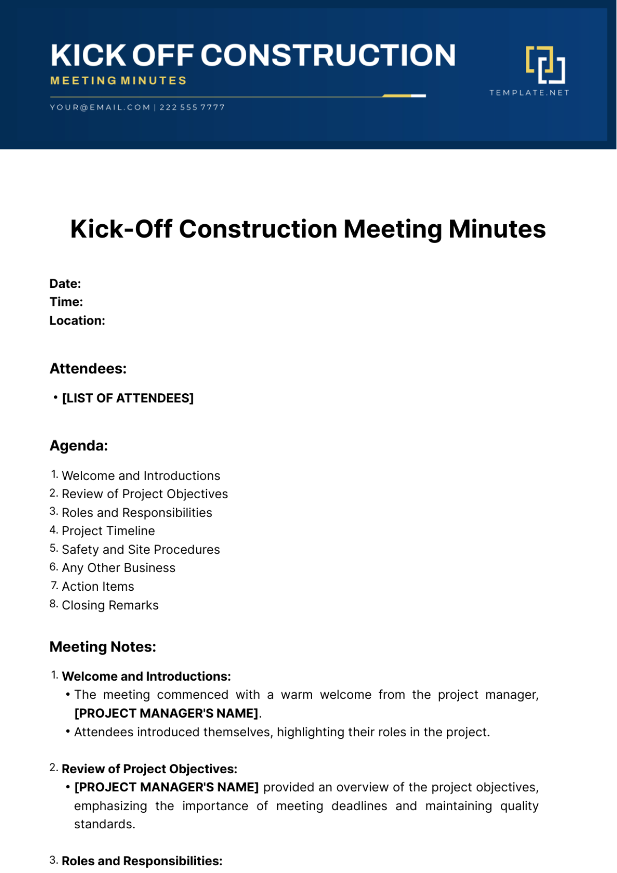 Kick Off Construction Meeting Minutes Template