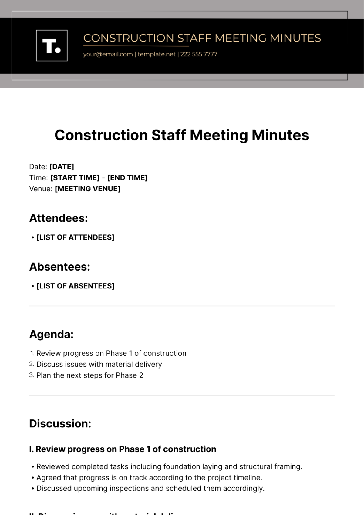 Construction Staff Meeting Minutes Template