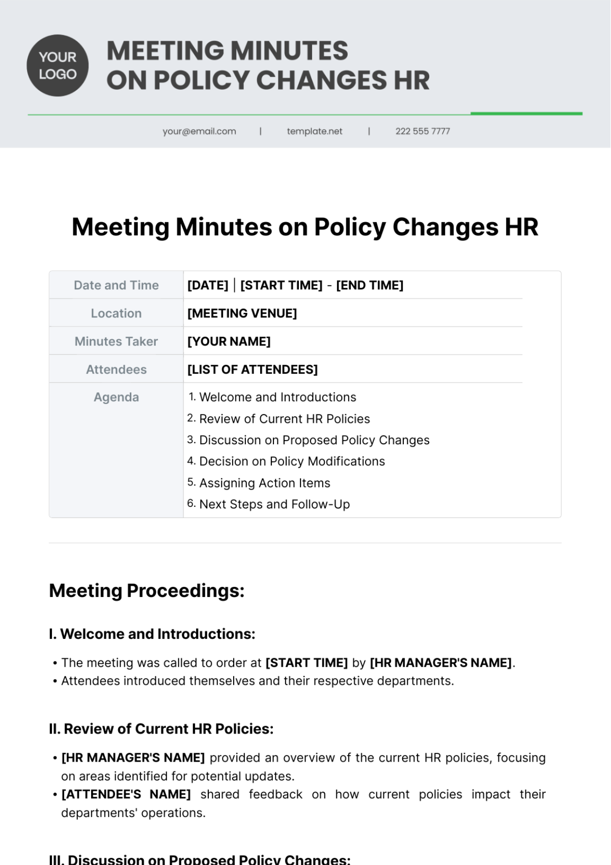 Meeting Minutes on Policy Changes HR Template