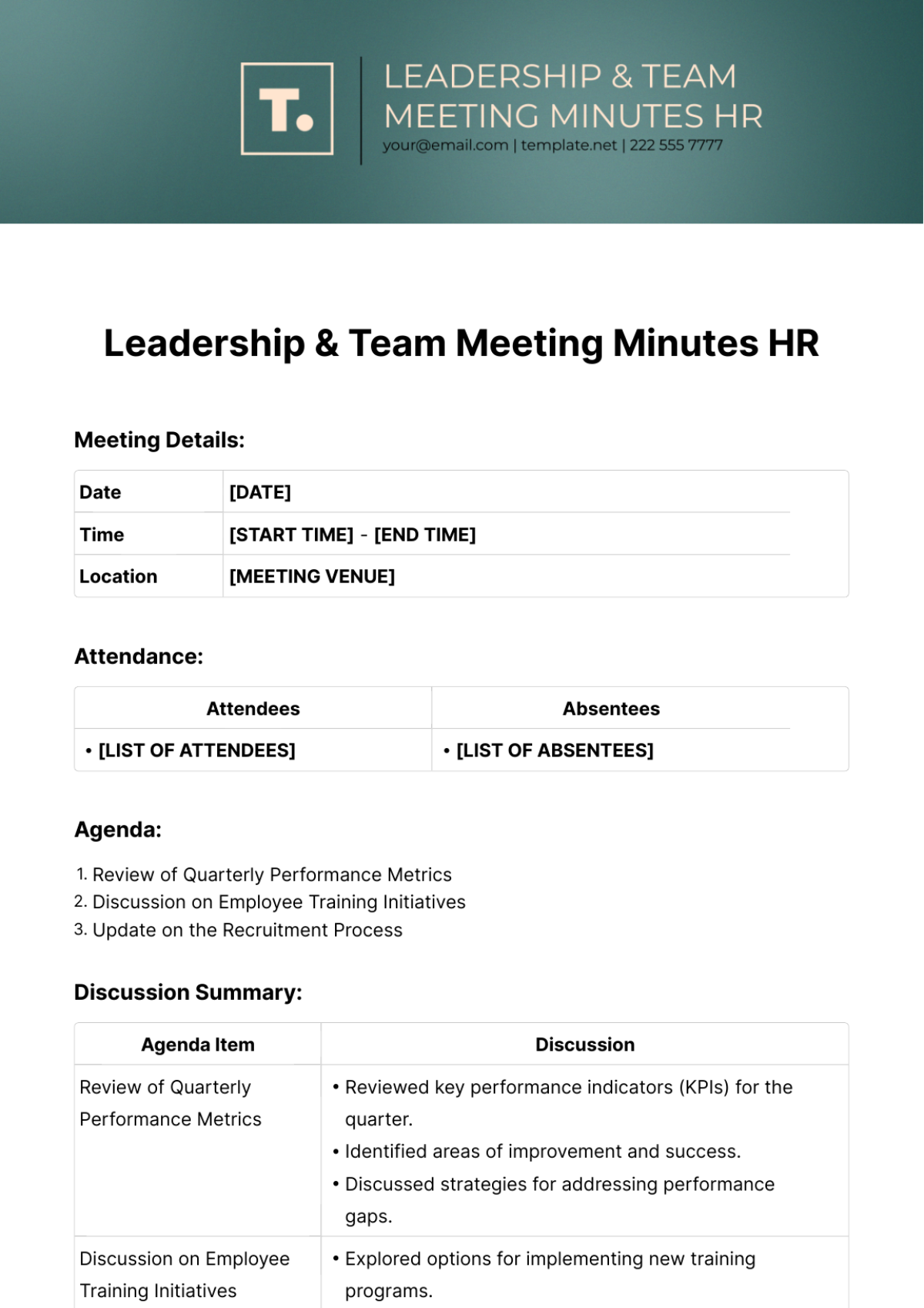 Leadership & Team Meeting Minutes HR Template