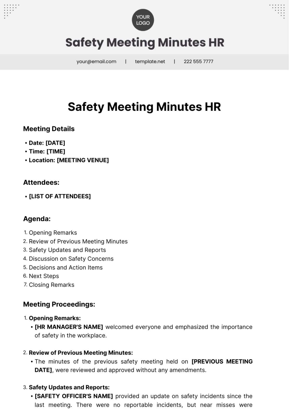 Safety Meeting Minutes HR Template