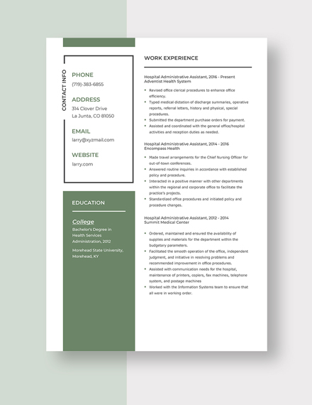Hospital Administrative Assistant Resume Template