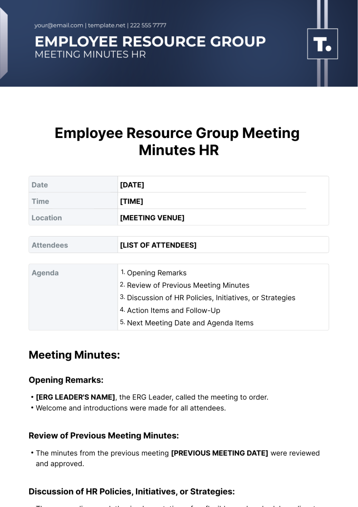 Employee Resource Group Meeting Minutes HR Template