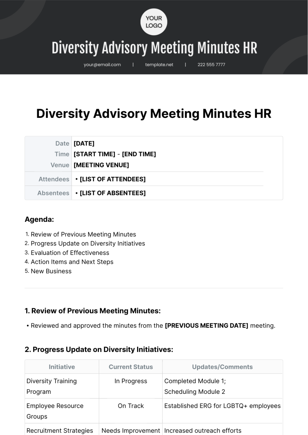 Diversity Advisory Meeting Minutes HR Template