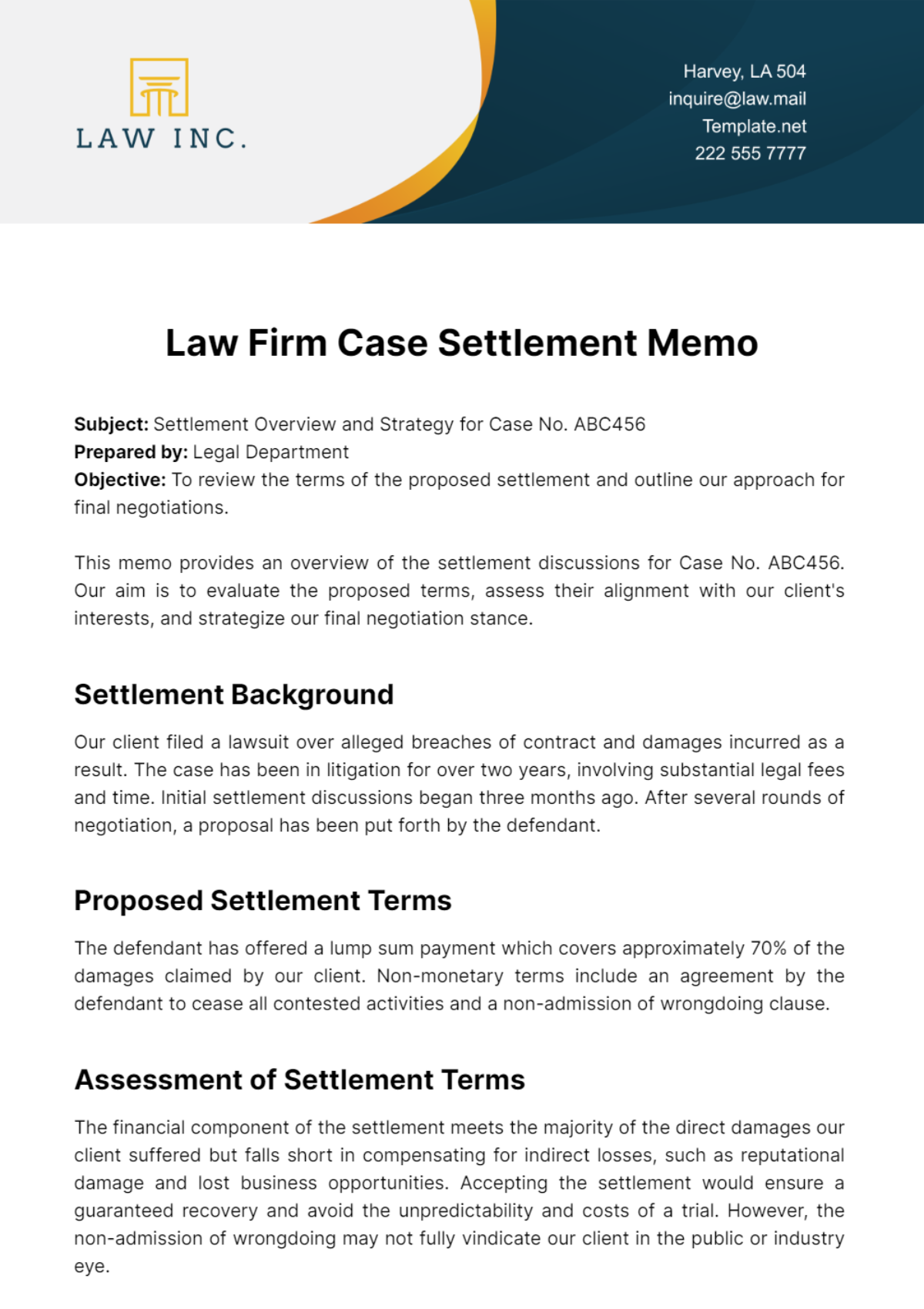 Free Law Firm Case Settlement Memo Template