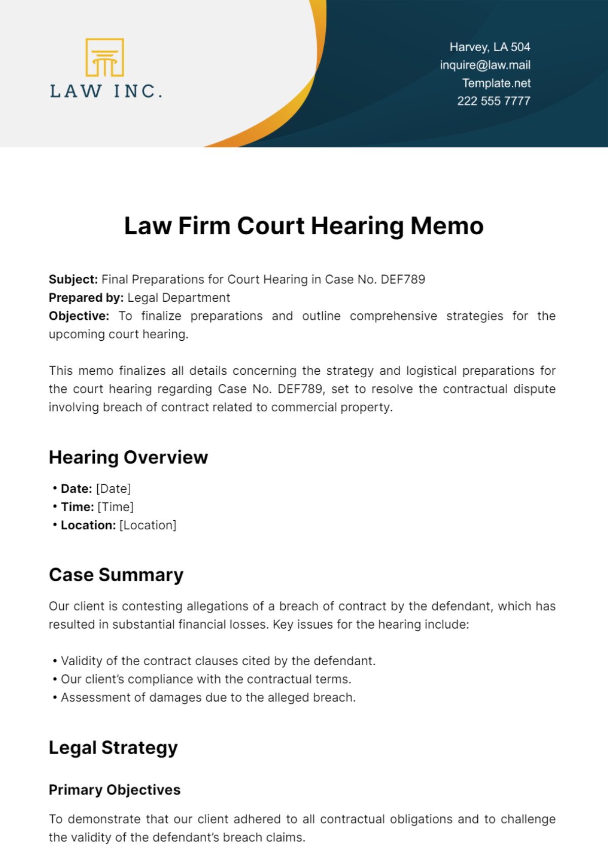 Free Law Firm Court Hearing Memo Template