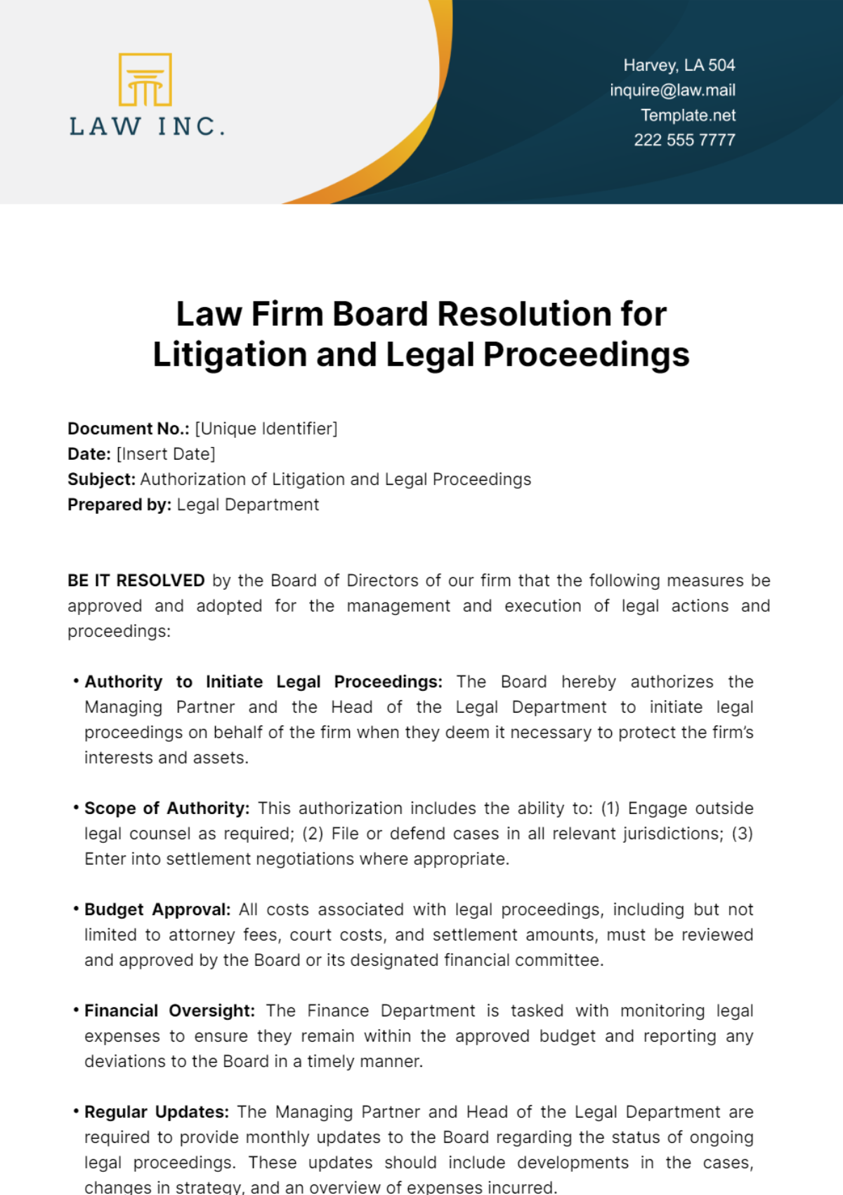 Free Law Firm Board Resolution for Litigation and Legal Proceedings Template