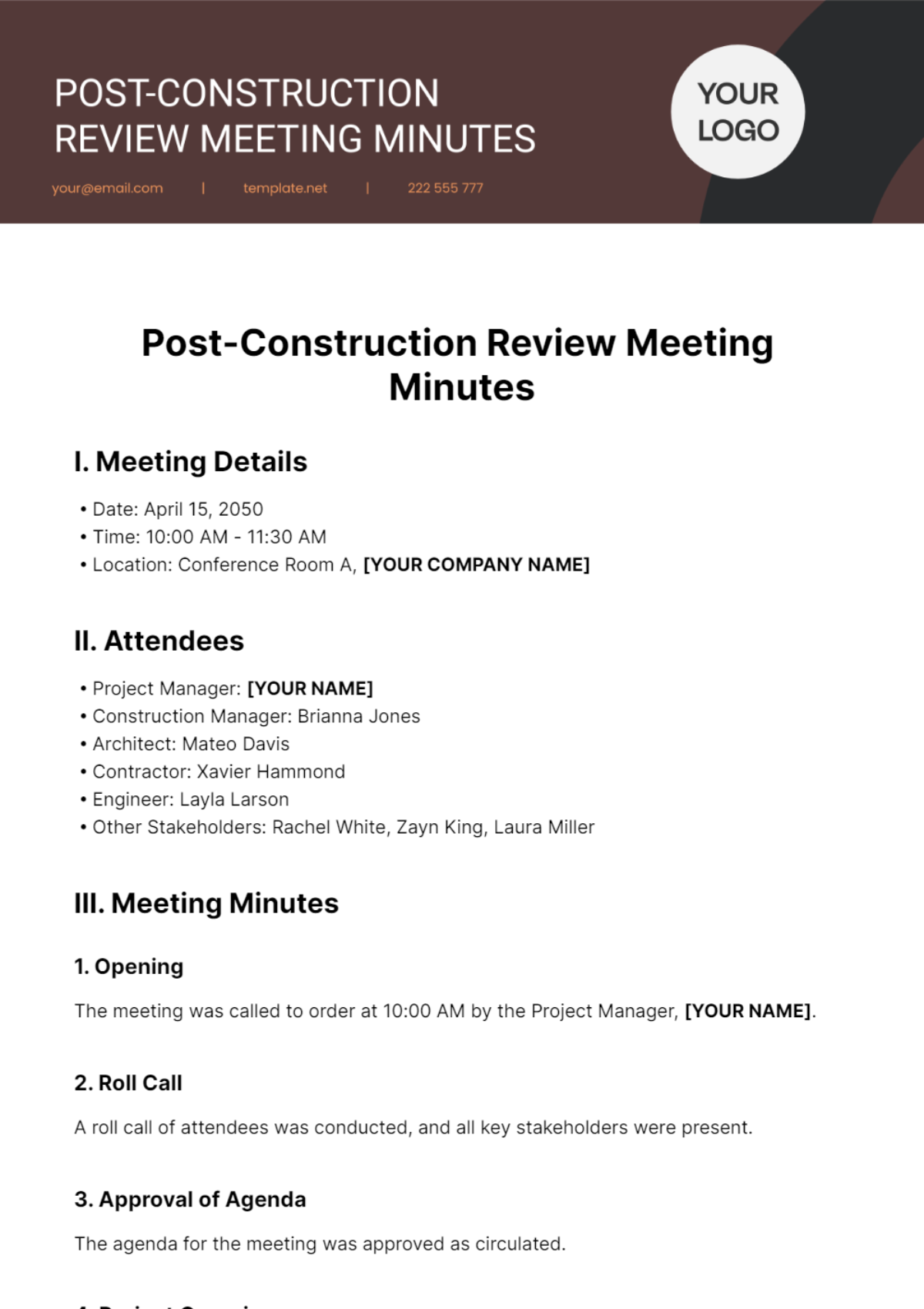 Post-Construction Review Meeting Minutes Template