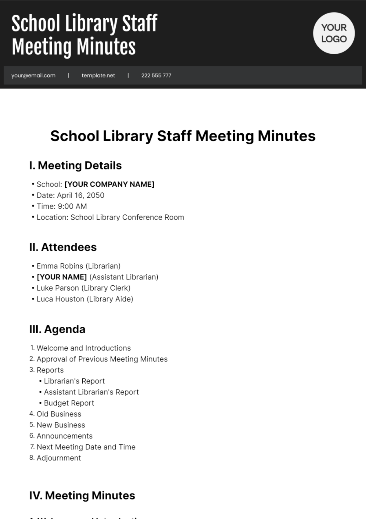 School Library Staff Meeting Minutes Template