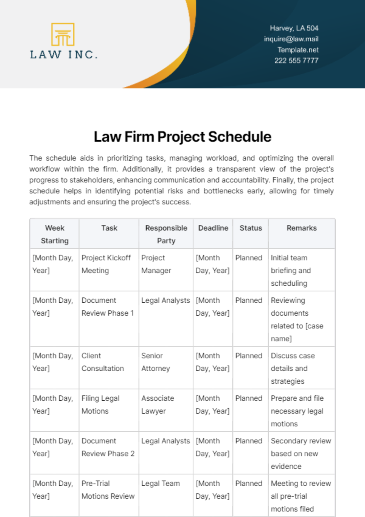 Law Firm Project Schedule Template