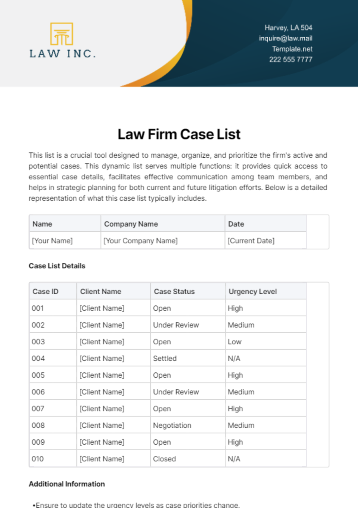 Law Firm Case List Template